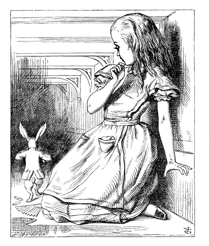 Alice grown enormous, filling the whole panelled hall, folded up with her head against the ceiling — and down by her skirt, small enough to miss, the Rabbit.