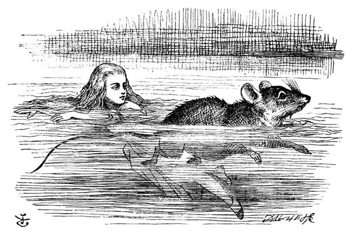 Alice swimming in deep water with a mouse swimming alongside her, both of them small in a lot of open sea.