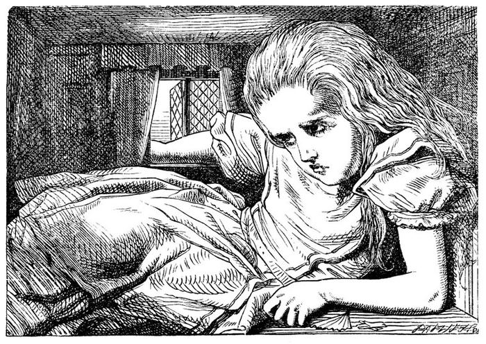 Alice filling the inside of a small house entirely, lying cramped against its furniture with one arm forced out through the window.