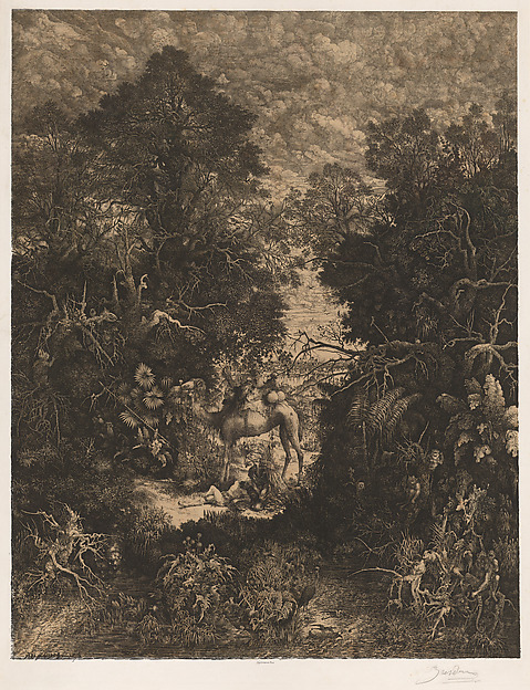 A dense etched forest crowded with leaves, branches, birds and animals, and somewhere in the middle of it two figures and a horse, nearly lost in the detail.