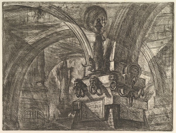 A colossal stone pier under a vault, with a small hanging lamp on a bracket about a third of the way up and tiny figures on the walkways below it.