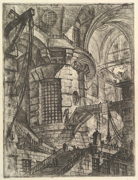 The inside of an enormous round tower, ringed with galleries and crossed by beams, staircases climbing out of shot in several directions at once.