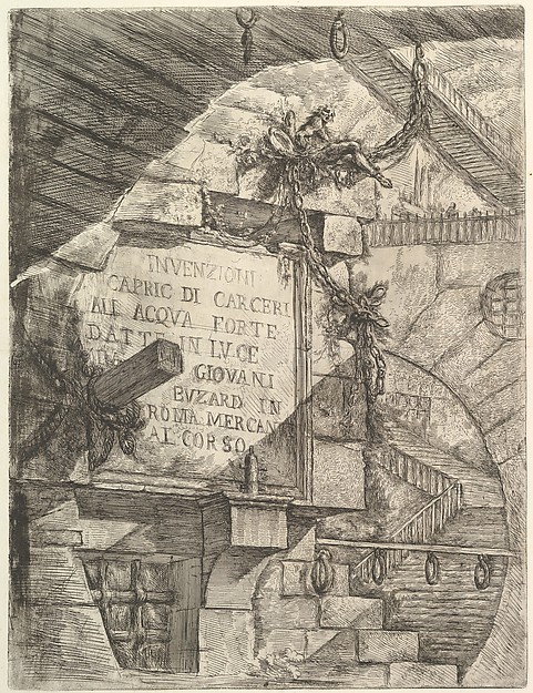 The title plate of a set of imaginary prisons: a vast vaulted hall in etched line, with a scrolled cartouche hanging in the middle of it and stairs disappearing at every edge.