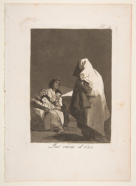 A mother holds her two children while a tall shrouded figure looms over them; one child hides its face, the other stares straight at the shape.