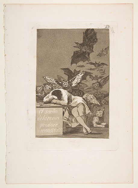 A man slumped asleep across his writing desk while owls and bats boil up out of the dark behind him; a lynx lies awake at his feet, watching.