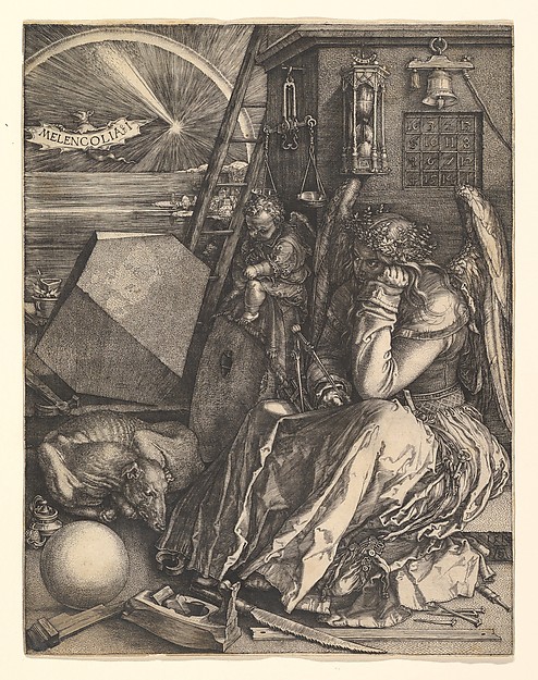 A winged figure sits among scattered tools — compasses, a plane, a saw, a balance, a sandglass, a bell — with her chin on her fist, looking past all of it. A ladder goes up the wall behind her. Nothing in the picture is being used.