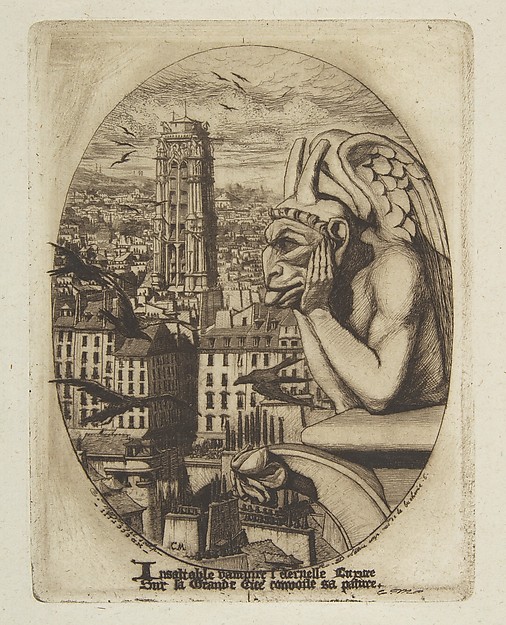 A horned stone gargoyle leaning on its hands at a parapet high over Paris, chin on its knuckles, looking out across the rooftops and a tower with birds around it.