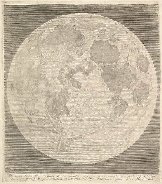 The full moon, engraved so finely that the craters read as pitted skin. The whole disc is lit and the edge is ragged with shadow.