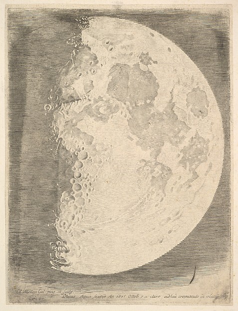 The moon at first quarter, lit down one side, the terminator running ragged from top to bottom and the dark half completely gone.