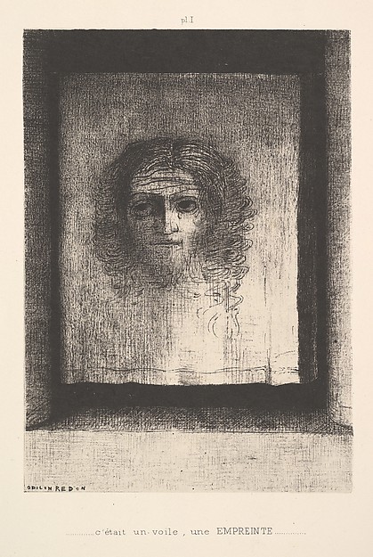 A lithograph in which a pale veiled shape stands against a dark, grainy ground; the figure is legible and the face is not.