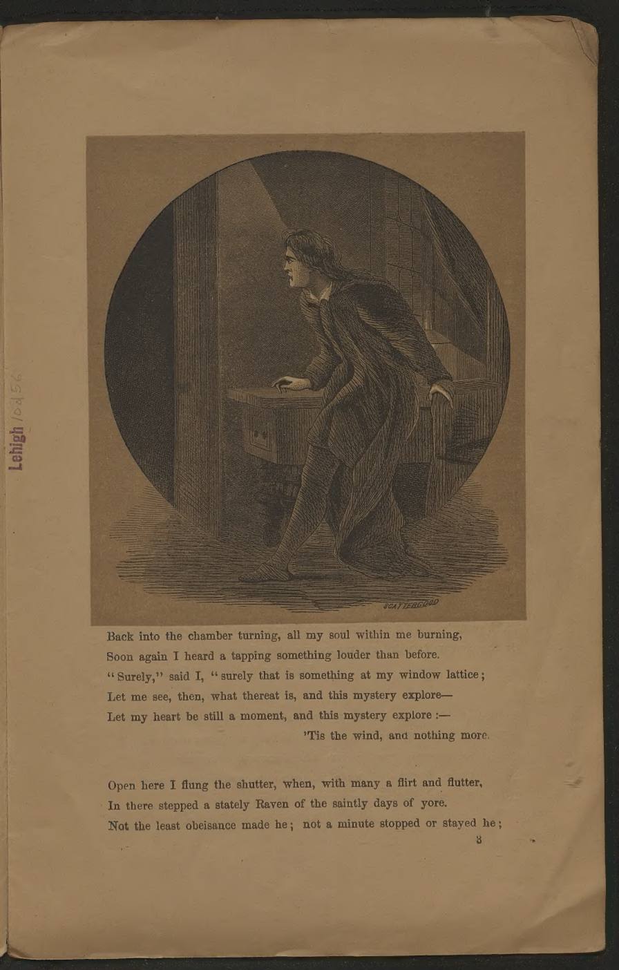 A book page with a circular wood engraving at the top: a man in a long coat stepping back from a shuttered window in a dark room, with a shaft of light falling across him. Two stanzas of the poem are printed underneath.