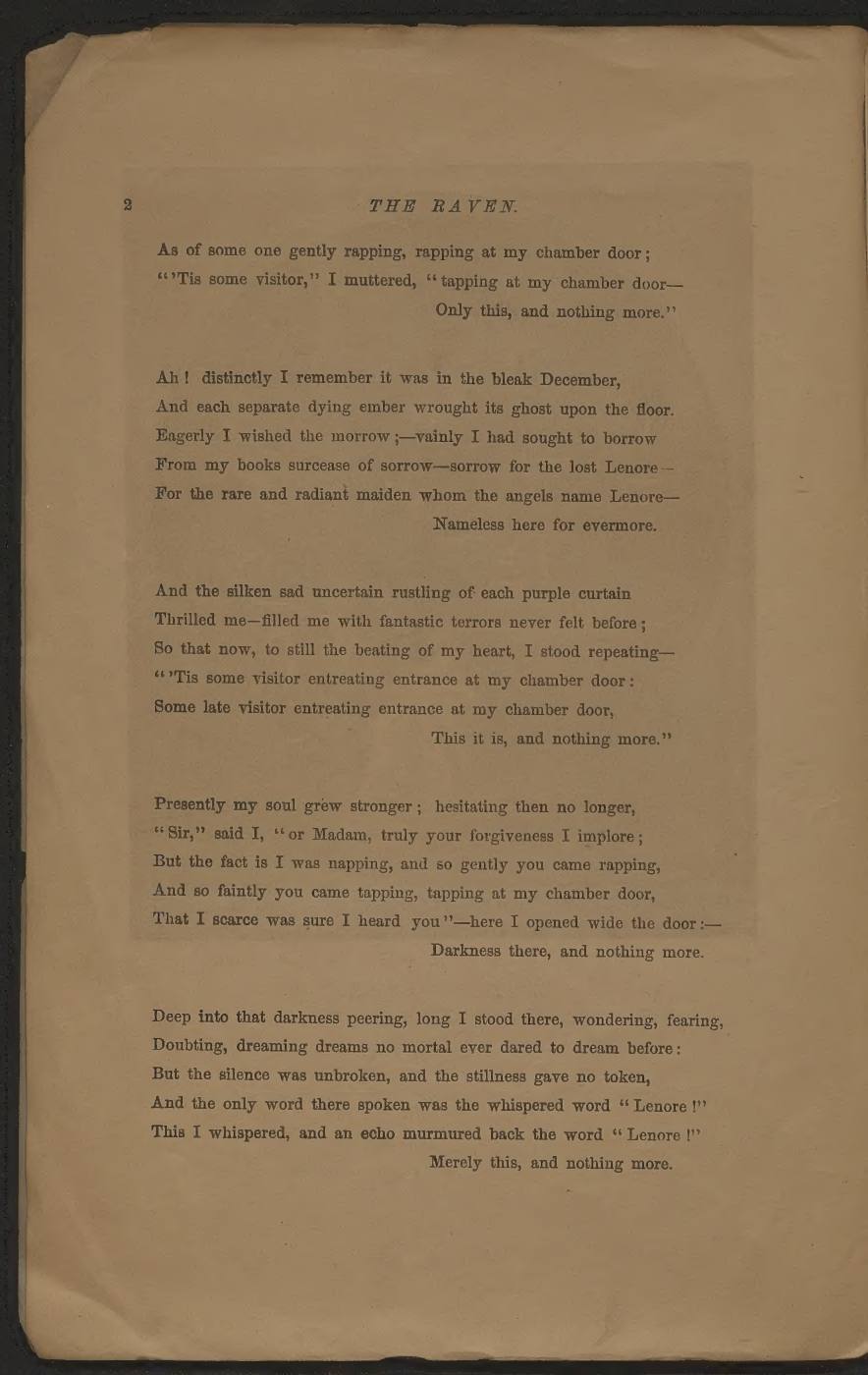 A foxed page of an old book headed THE RAVEN, carrying four stanzas of the poem in a small serif type, each stanza ending with a short line set far to the right.
