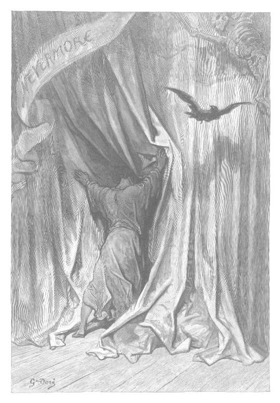 A heavy curtain drawn back, with a long banner across the top of it lettered NEVERMORE. The raven flies in through the gap; a figure lies collapsed in the folds of the drapery at the foot of the picture.