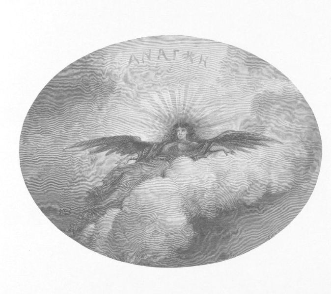 An oval vignette: a winged figure flying through broken cloud towards a radiant disc lettered, in Greek, ANAGKH — necessity.