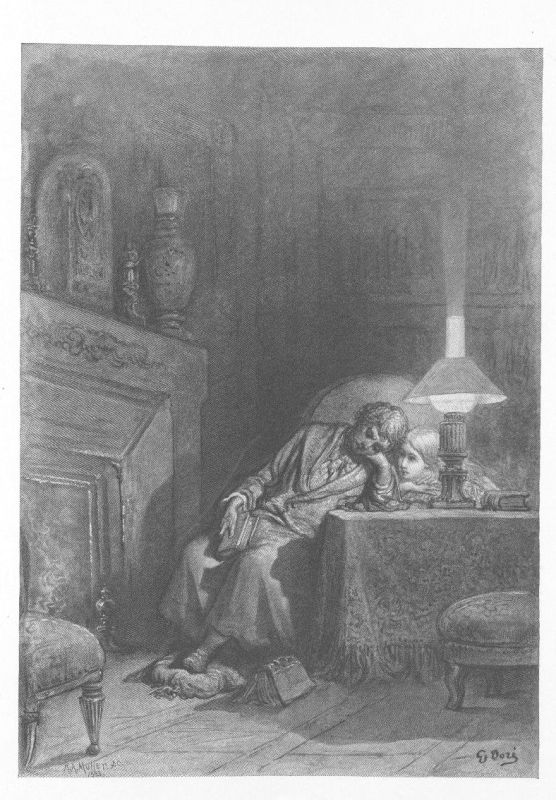 A man slumped asleep across a table in a panelled room, his head on his arms. A shaded lamp and a guttering candle burn beside him and books have slid onto the floor.