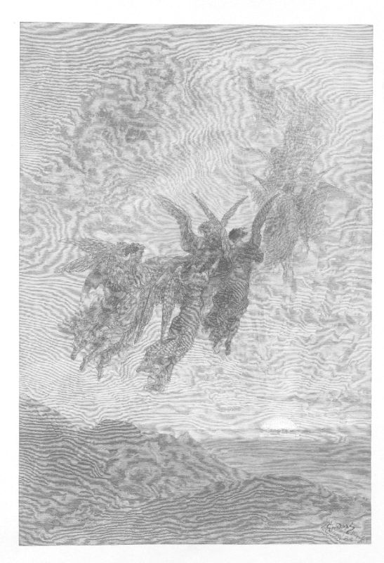 Two winged figures carried through cloud high above a sea, one dark and one pale, tangled together.