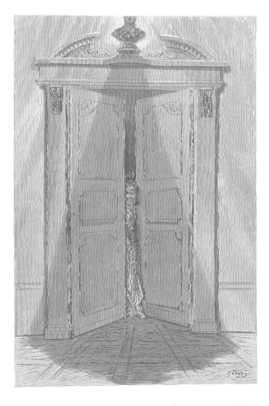 A tall pair of panelled double doors, closed, with a single bright line of light showing between them.