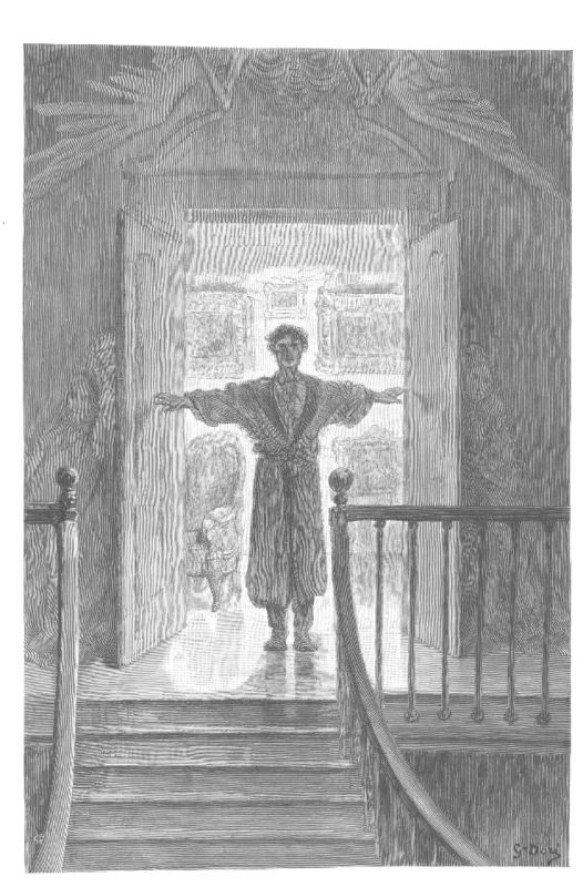 A man in a dressing gown stands in an open doorway at the head of a staircase, both arms out against the frame, with light behind him and the stairs falling away in front.