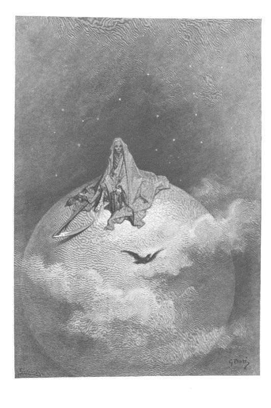A shrouded figure kneels on the curve of an enormous sphere in a starry sky, and a small bird flies below it.