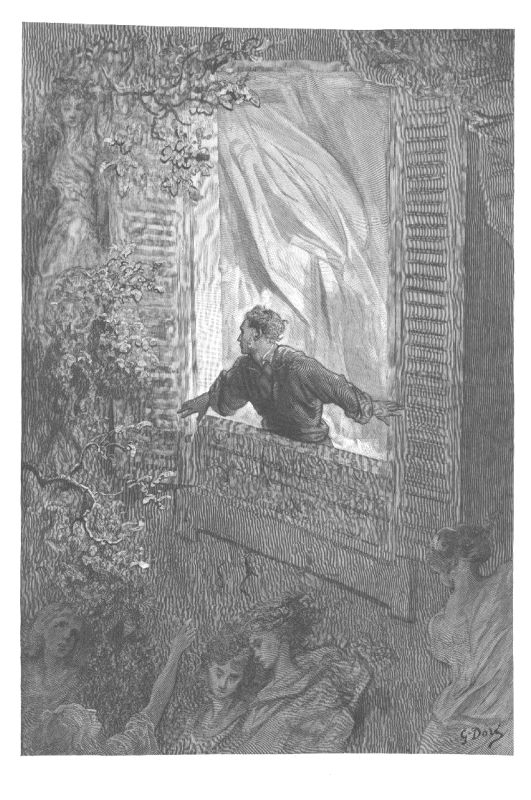 A man leans out of a shuttered window into a mass of foliage. In the masonry below him, faces are visible in the stone.