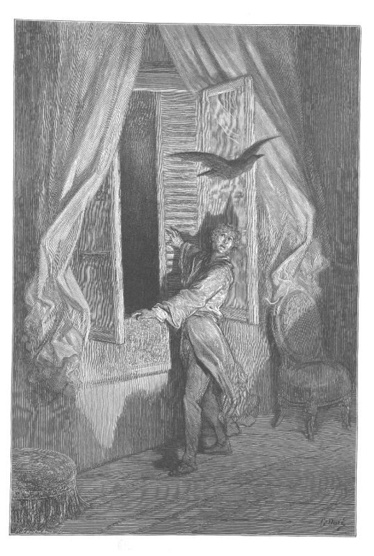 The raven flies in through a window past billowing curtains while a man twists away from it into the room.