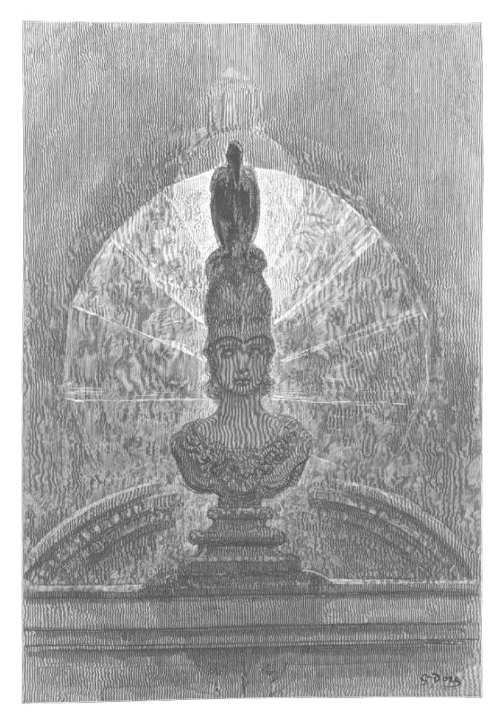 The raven perched on a pale bust above a doorway, wings folded, with a great arched fanlight of glass behind it.