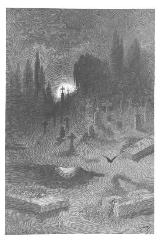 A graveyard at night — leaning crosses, a low tomb, one lit doorway far off — with the raven flying low across the stones.