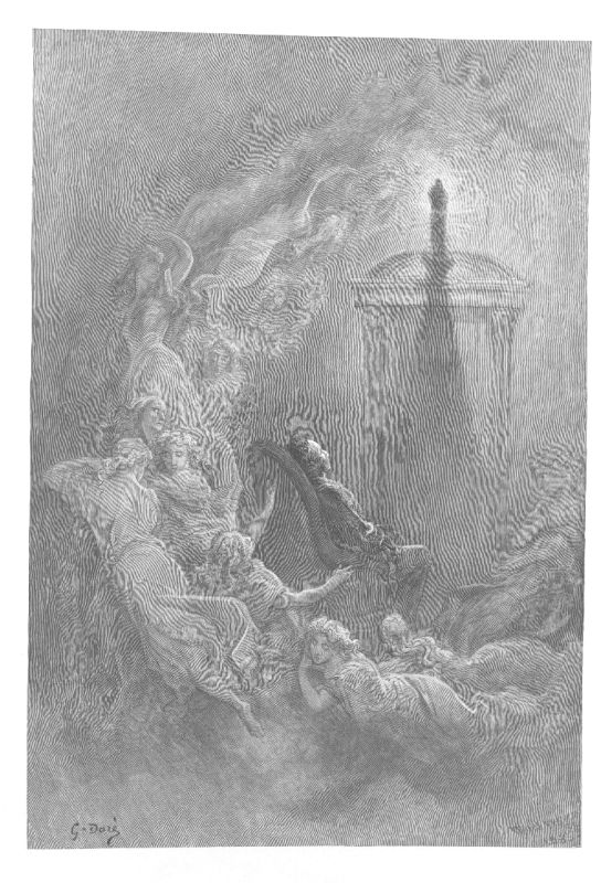 Spirits stream through a dim room towards a lit doorway with a candle in it, a man caught up among them.