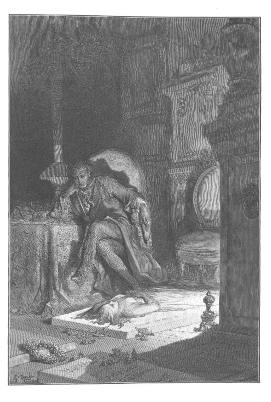 A man sits at a table beside a great carved chimneypiece. On a low bier in front of him a body lies covered.