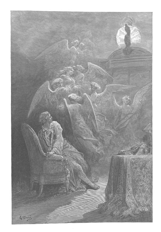 Winged figures crowd a room around a man sitting at a table, one of them swinging a censer. Above the door behind them, the raven.
