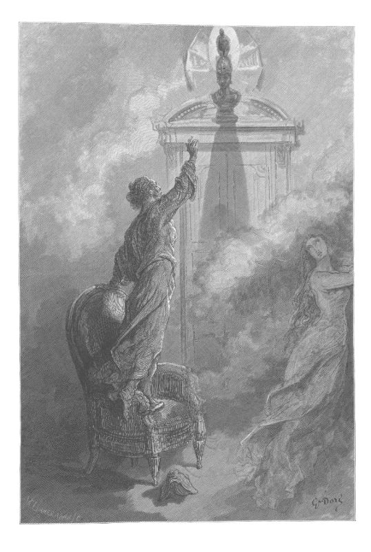 A robed figure stands on a plinth beside the bust and the door with one arm raised. A woman lies at the foot of it and a small armed figure stands over her.