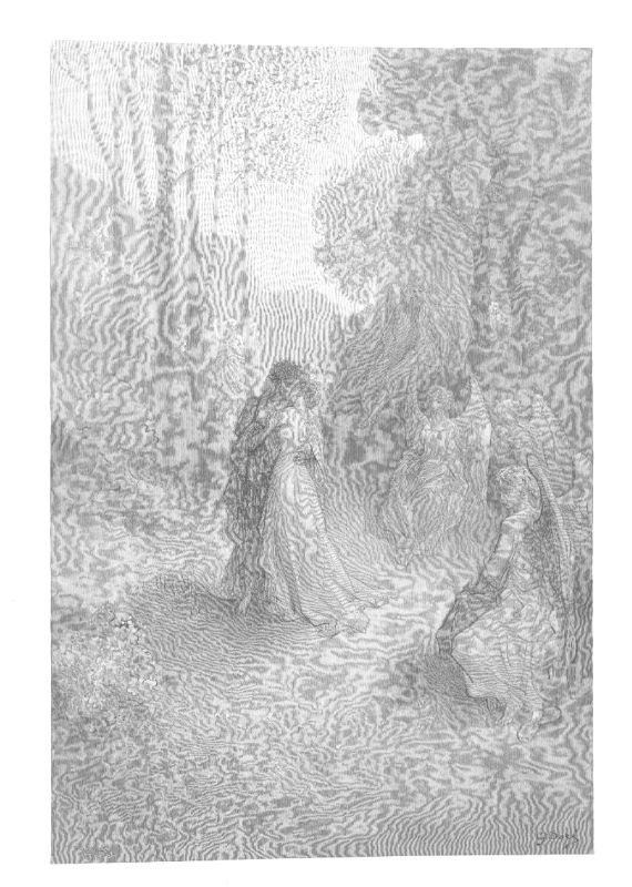 A woman stands in a bright clearing among trees, with other figures around her and light breaking down through the branches.