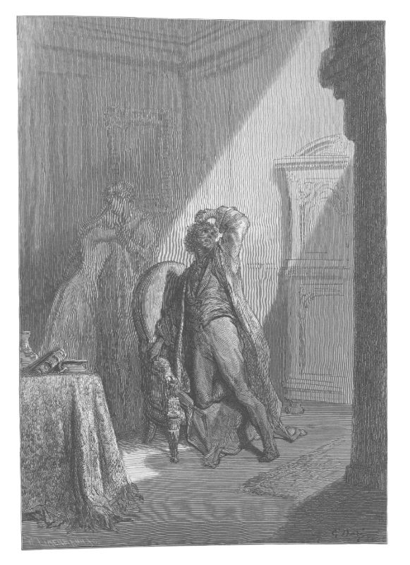 A man lurches towards the door through a hard shaft of daylight, one arm thrown up, furniture overturned behind him.