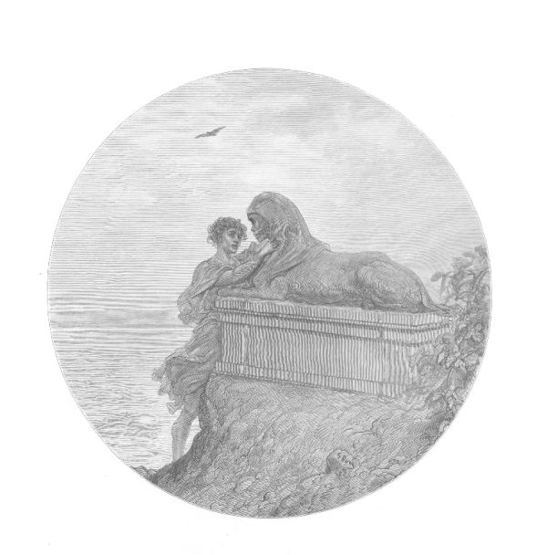 A circular vignette: a small figure clings to the flank of a stone sphinx on a cliff above the sea, with a bird high in the empty sky.